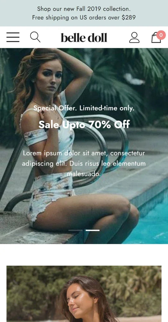 Belle Doll Swimwear Ecommerce Template | Premium Themes | HaloThemes - Mobile View