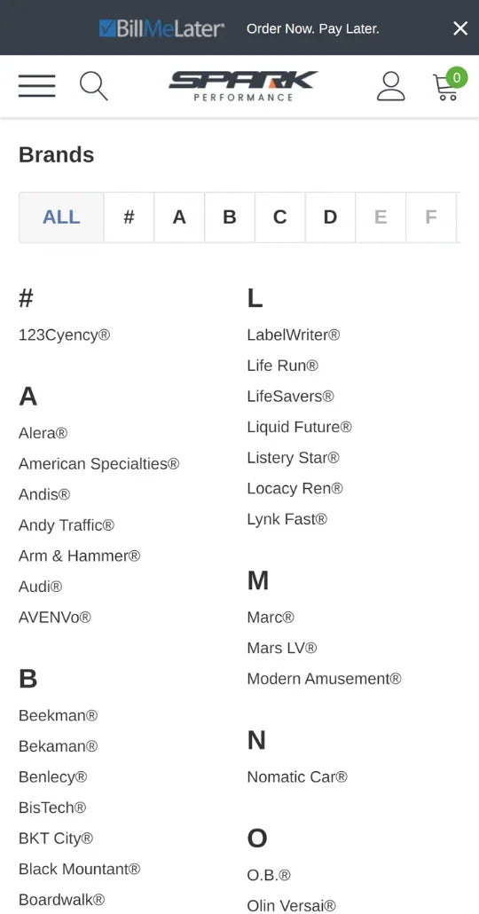 Custom Brands Page Layout by using Alphabet