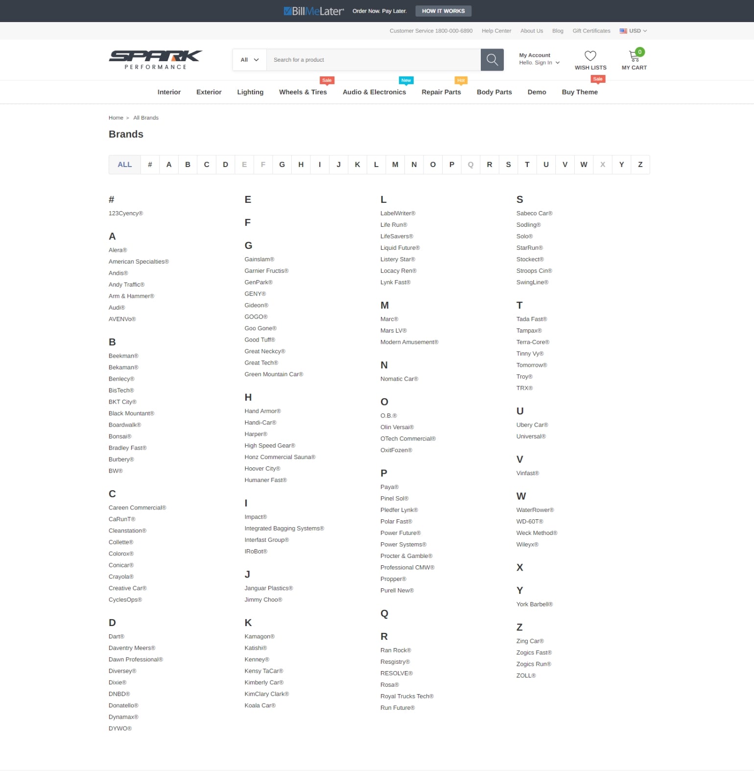 Custom Brands Page Layout by using Alphabet