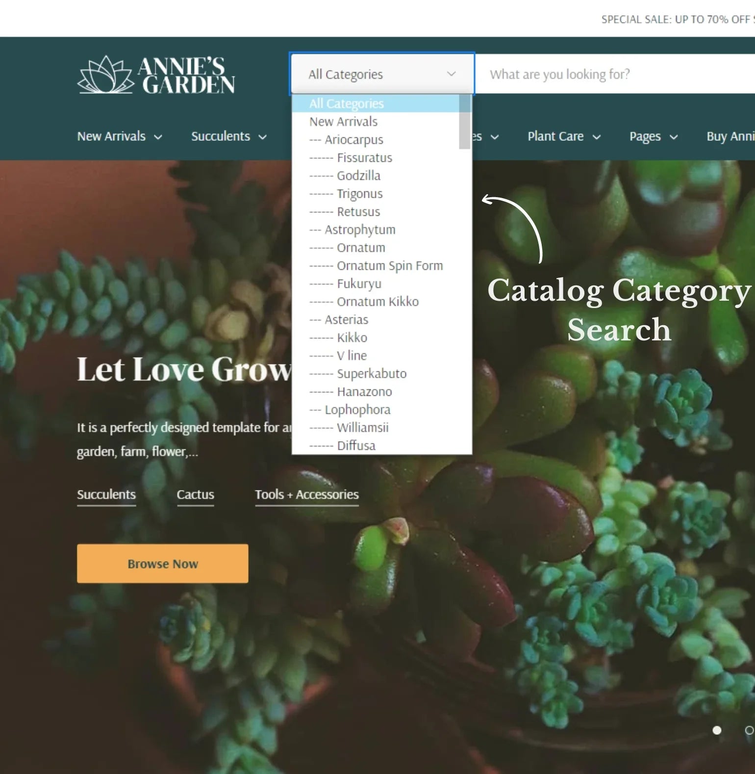 Allow users to search deeply within a category or subcategory, by adding a drop-down list to the quick search bar. As an aid to the user, the active category is automatically selected in the drop-down list