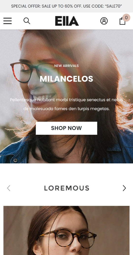 Ella Theme - Glasses Shop Ecommerce Website Template | HaloThemes - Mobile View
