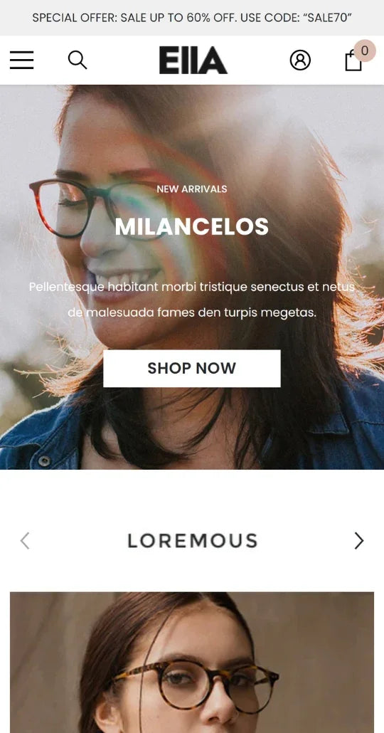 Ella Theme - Glasses Shop Ecommerce Website Template | HaloThemes - Mobile View