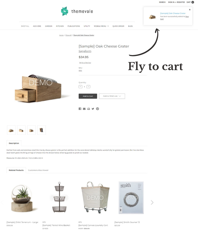 BigCommerce Add-on: Ajax Add to Cart with Fly Effect - Deliver exceptional buyer experience and boost your conversion by an appealing fly effect when adding a product to cart with a notification popup.