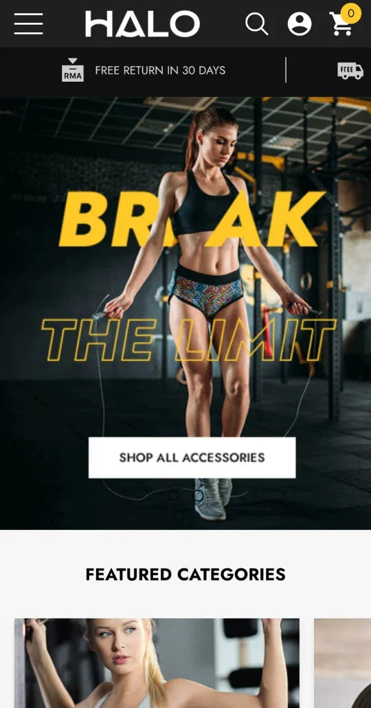 Halo Theme - Exercise Equipment Stores Ecommerce Website Template - Mobile View