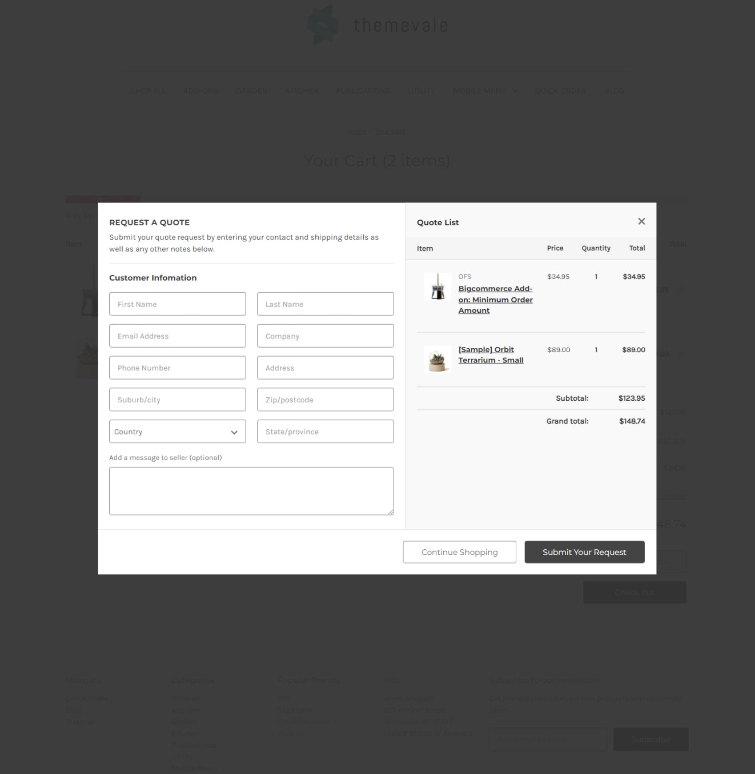 BigCommerce Add-on: Quote Cart (Plus) - Request a Quote - Receive quote requests through a request for quote form on Cart page. Information will be sent to your email address and then negotiate prices with your customers
