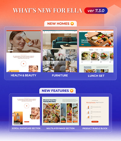 Ella Shopify Theme 7.3.0 Update – New Beauty, Furniture Layouts, Scroll Showcase & Product Bundle Block