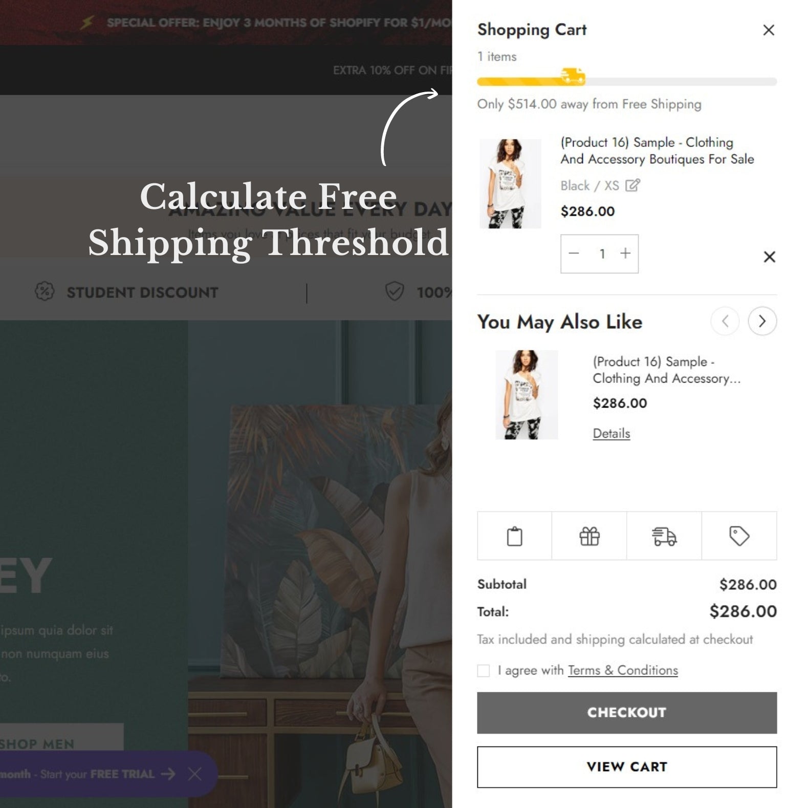 Calculate Free Shipping Threshold add on will help you boost Cart Values and Sales, reduce the abandoned rate by offering Free Shipping Offers with Progressive Messages